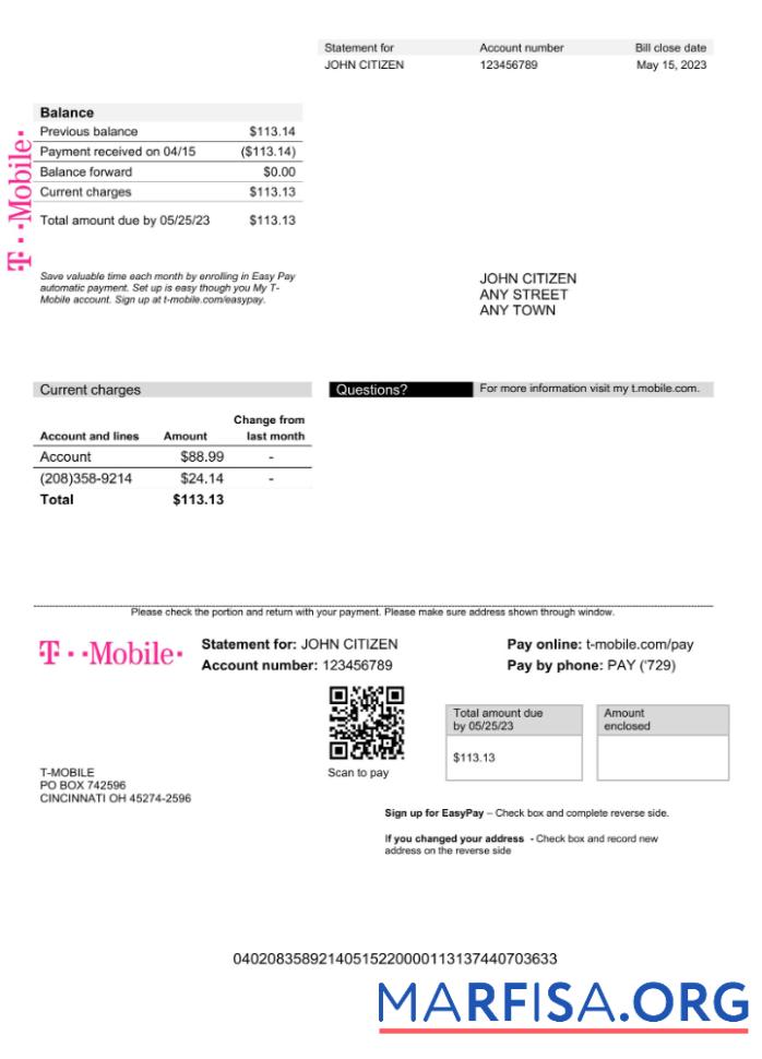 Blank USA T Mobile utility bill Word and PDF template (1)
